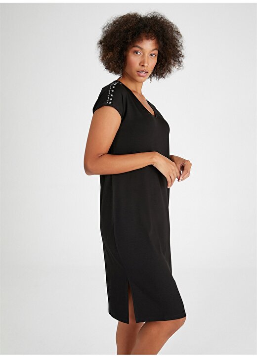 Faik Sönmez V Yaka Siyah Diz Altı Kadın Elbise B00071-2 3