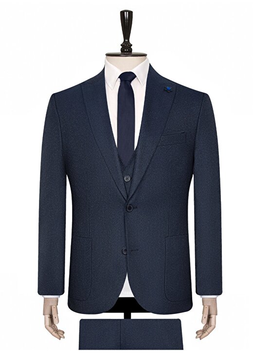 Süvari TK1020000210 Mono Yaka Normal Bel Slim Fit Armürlü Mavi Erkek Takım Elbise 2