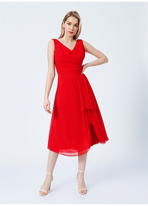 Selen 22YSL7161 Kruvaze Yaka Standart Kalıp Düz Kırmızı Kadın Elbise 3