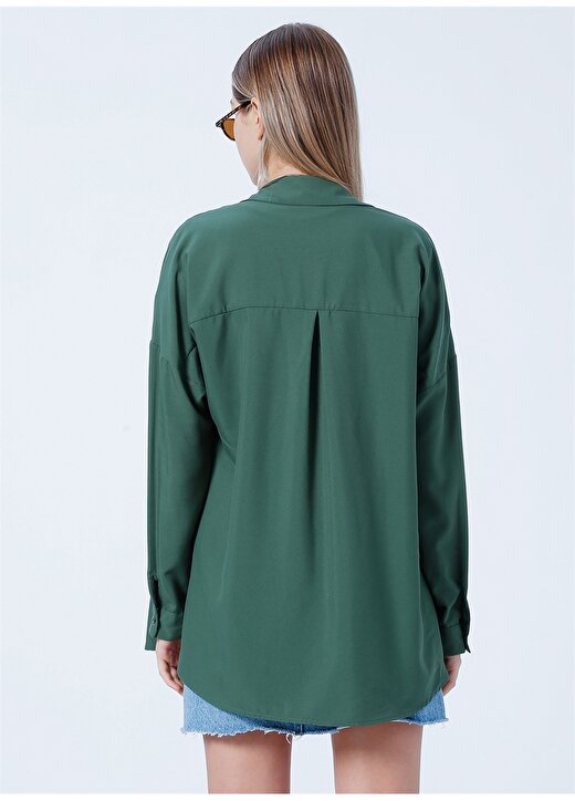 Limon Oversize Gömlek Yaka Düz Koyu Yeşil Kadın Gömlek RONES-Y 4