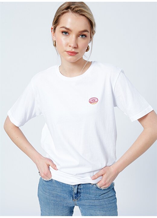 The Socks Company 22SCTS203U-100 Donut Bisiklet Yaka Rahat Kalıp Nakışlı Beyaz Kadın T-Shirt 3