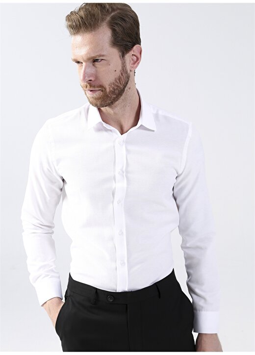 Fabrika Slim Fit Klasik Gömlek Yaka Armürlü Beyaz Erkek Gömlek MAYDOS 15 CPSZ KLASIK 3