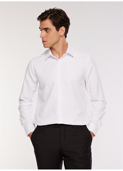 Fabrika Slim Fit Klasik Gömlek Yaka Armürlü Beyaz Erkek Gömlek MAYDOS 3 CEPSIZ KLASIK 3