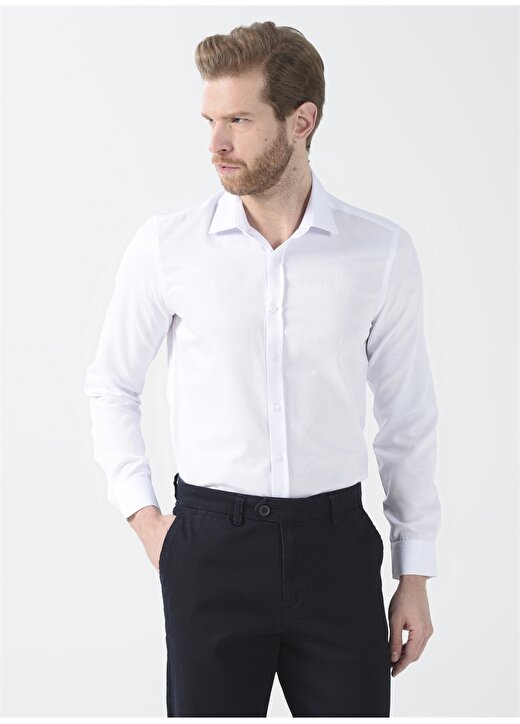 Fabrika Slim Fit Klasik Gömlek Yaka Armürlü Beyaz Erkek Gömlek MAYDOS 11 CPSZ KLASIK 1
