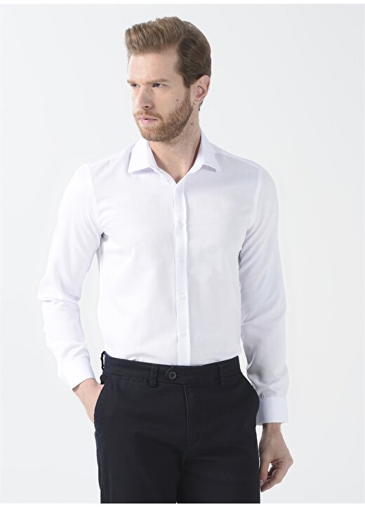 Fabrika Slim Fit Klasik Gömlek Yaka Armürlü Beyaz Erkek Gömlek MAYDOS 11 CPSZ KLASIK 4