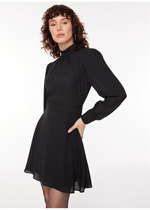 Fabrika Dik Yaka Desenli Mini Siyah Kadın Elbise FREZYA 2