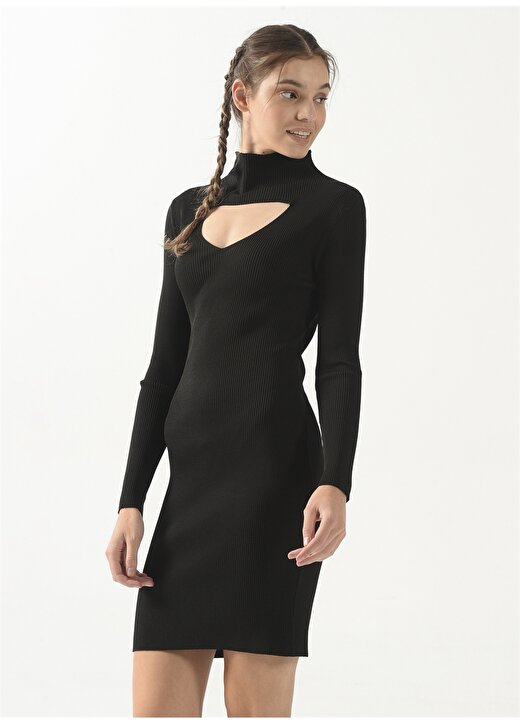 Limon Dik Yaka Düz Mini Siyah Kadın Elbise PEYTA 3