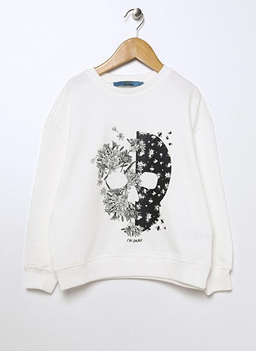 Funky Rocks Ekru Kız Çocuk Bisiklet Yaka Düşük Omuz Oversize Baskılı Sweatshirt PRG-03  1