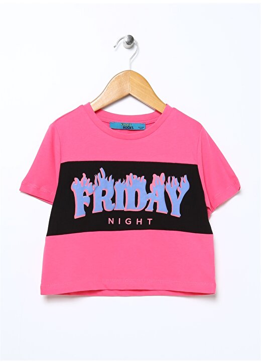 Funky Rocks Fuşya Kız Çocuk Bisiklet Yaka Düşük Omuz Crop Baskılı T-Shirt PRG-01 1
