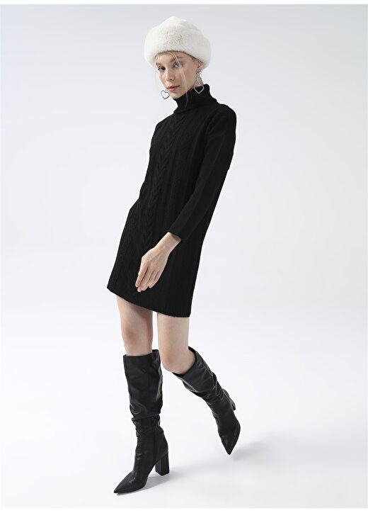 Fabrika Comfort Dik Yaka Saç Örgü Diz Üstü Siyah Kadın Elbise CM-BETENA 2