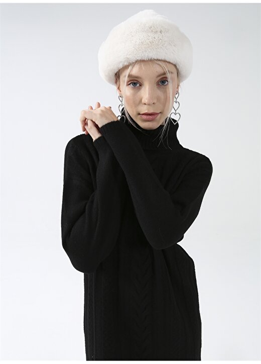 Fabrika Comfort Dik Yaka Saç Örgü Diz Üstü Siyah Kadın Elbise CM-BETENA 3