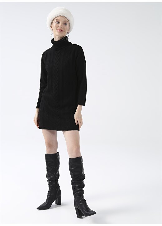 Fabrika Comfort Dik Yaka Saç Örgü Diz Üstü Siyah Kadın Elbise CM-BETENA 4
