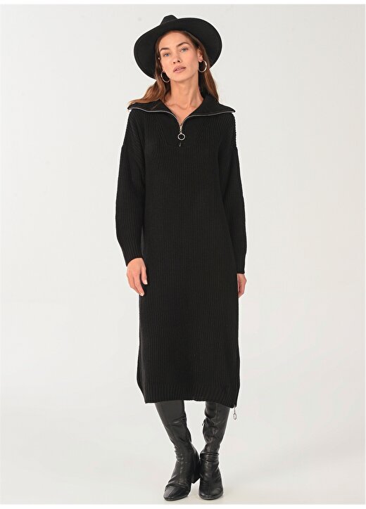 NGSTYLE Fermuarlı Yaka Düz Siyah Diz Üstü Kadın Elbise NGTKAW22-68 2