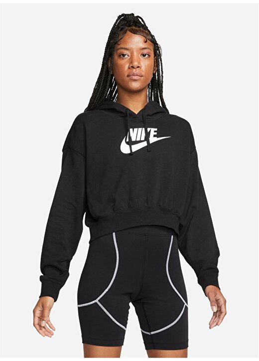 Nike Siyah Kadın Kapüşonlu Baskılı Sweatshirt DQ5850 010 W NSW CLUB FLC GX CROP H 2