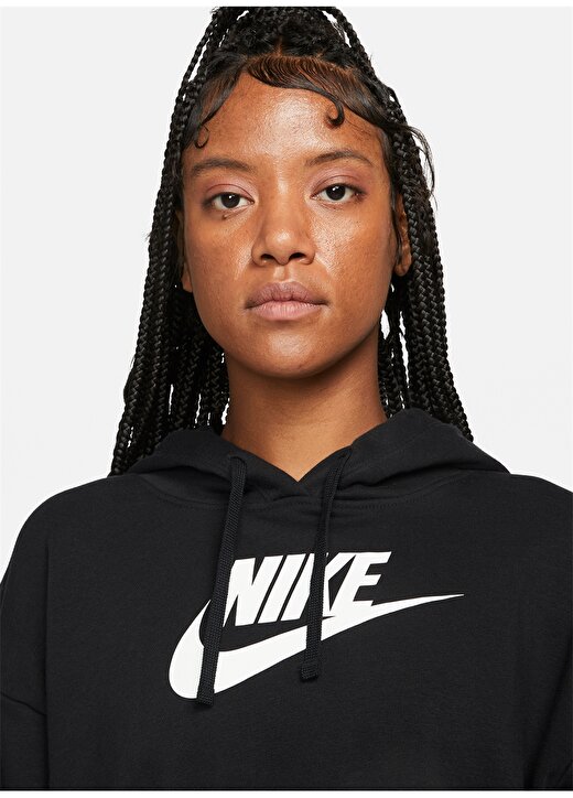 Nike Siyah Kadın Kapüşonlu Baskılı Sweatshirt DQ5850 010 W NSW CLUB FLC GX CROP H 4