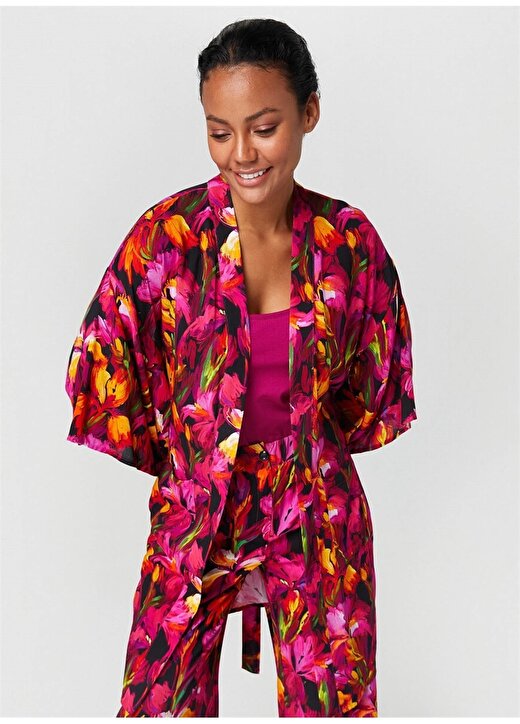 Faik Sönmez Desenli Siyah Kadın Kimono U65365 3