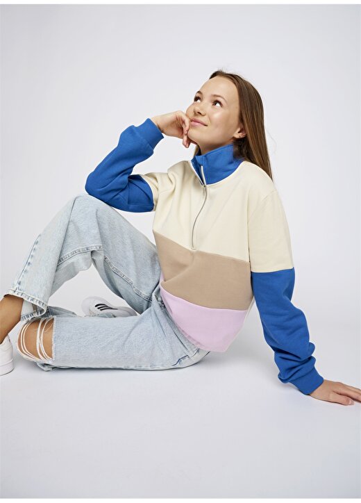 Lmtd Mavi Kız Çocuk Dik Yaka Uzun Kollu Geometrik Sweatshirt NLFNAZIP LS SHORT HALF ZIP SWEAT 1