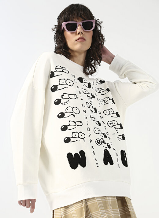 Fluffy Bisiklet Yaka Oversize Ekru Kadın Sweatshirt FFY-26 1