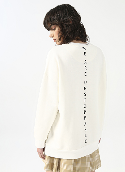 Fluffy Bisiklet Yaka Oversize Ekru Kadın Sweatshirt FFY-26 2