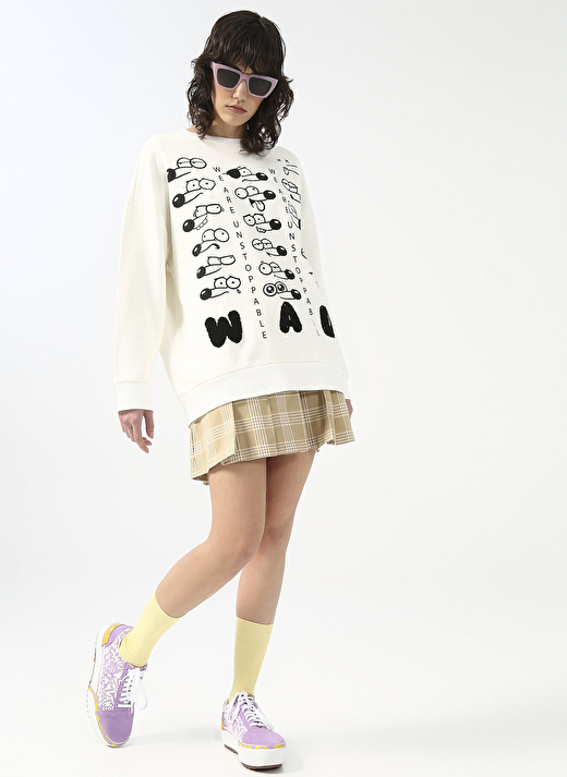 Fluffy Bisiklet Yaka Oversize Ekru Kadın Sweatshirt FFY-26 3