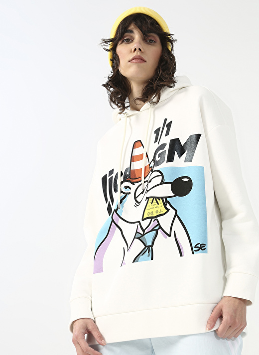 Fluffy Kapüşonlu Oversize Ekru Kadın Sweatshirt FFY-29 2