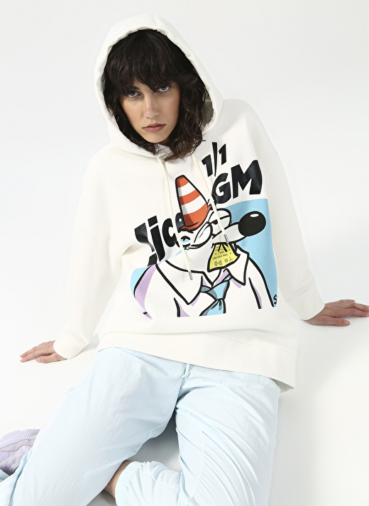 Fluffy Kapüşonlu Oversize Ekru Kadın Sweatshirt FFY-29 4