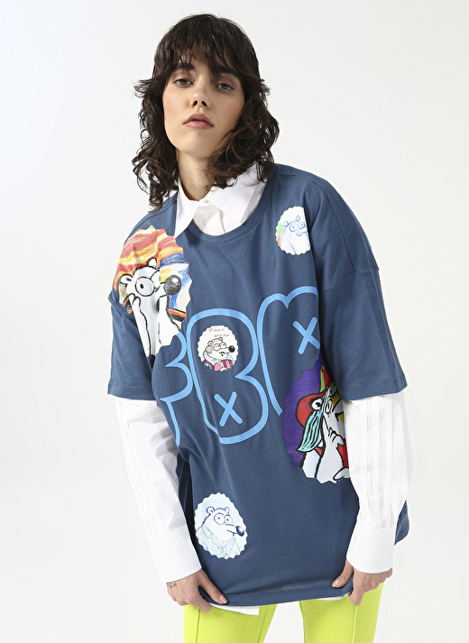 Fluffy Bisiklet Yaka Oversize İndigo Kadın T-Shirt FFY-21 4