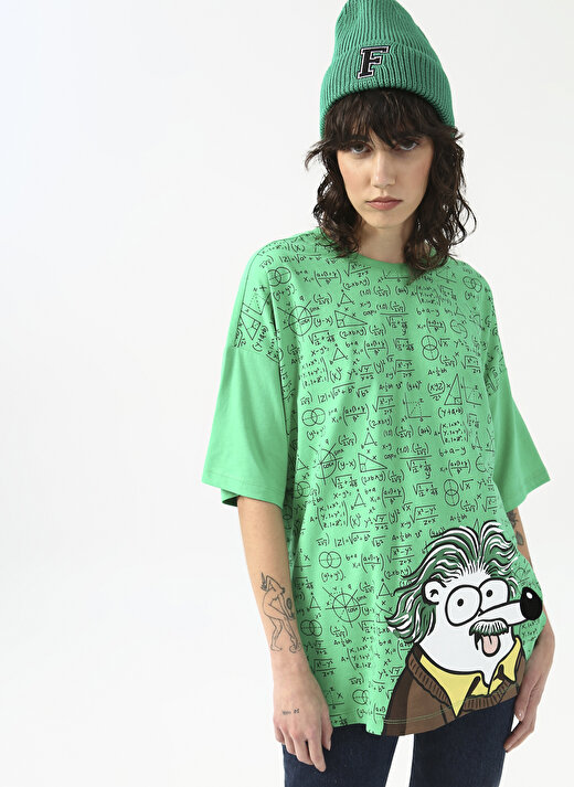 Fluffy Bisiklet Yaka Oversize Yeşil Kadın T-Shirt FFY-20 3