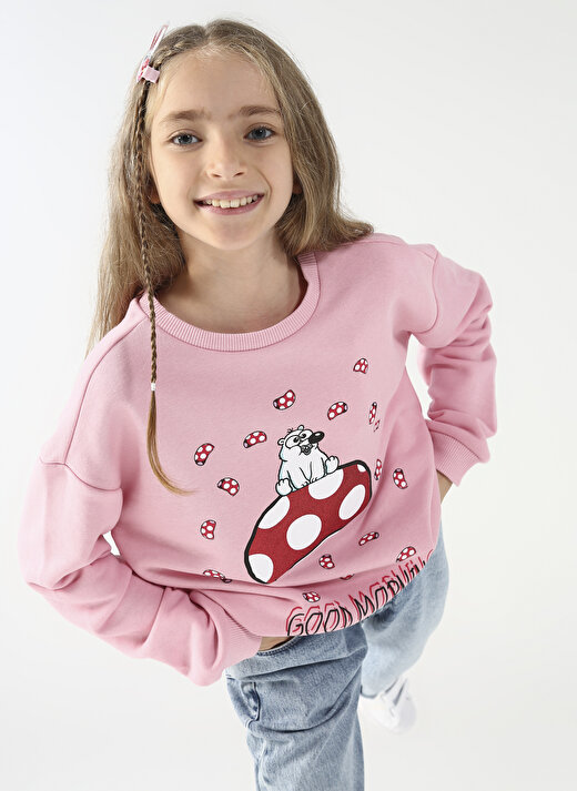 Fluffy Bisiklet Yaka Oversized Pembe Kız Çocuk Sweatshirt FFY-04 1