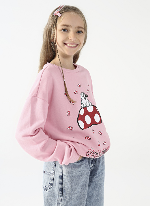 Fluffy Bisiklet Yaka Oversized Pembe Kız Çocuk Sweatshirt FFY-04 3