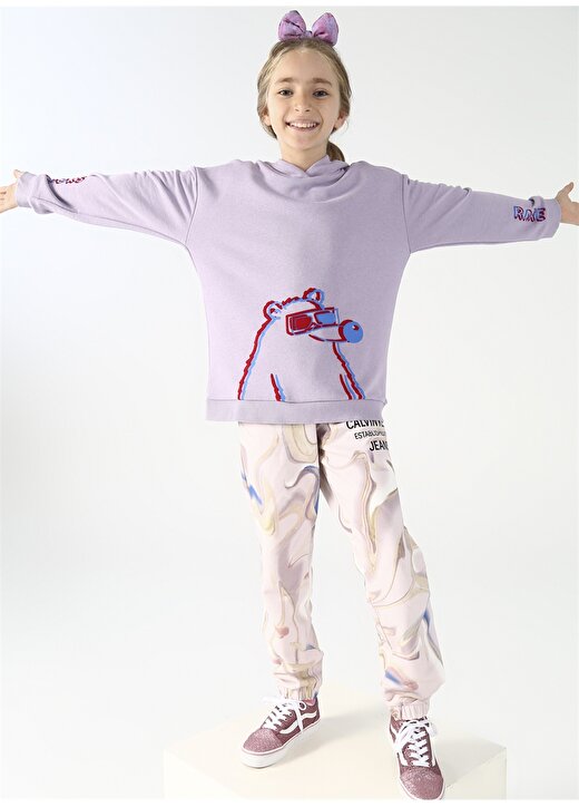 Fluffy Kapüşonlu Oversized Lila Kız Çocuk Sweatshirt FFY-01 1