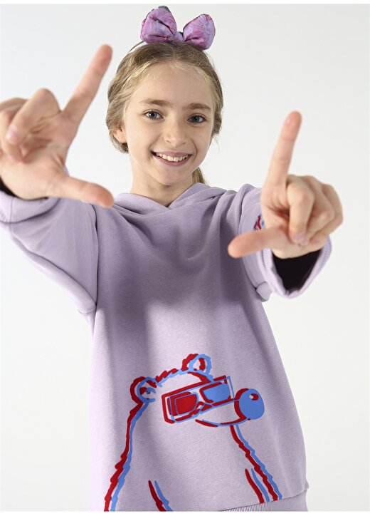 Fluffy Kapüşonlu Oversized Lila Kız Çocuk Sweatshirt FFY-01 2