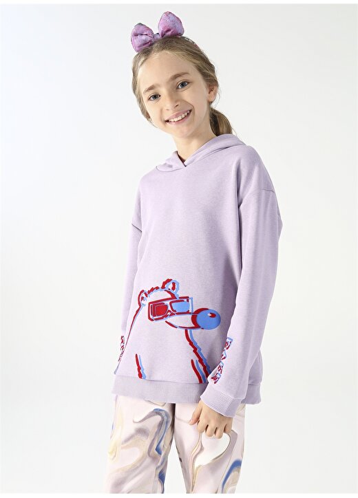 Fluffy Kapüşonlu Oversized Lila Kız Çocuk Sweatshirt FFY-01 4