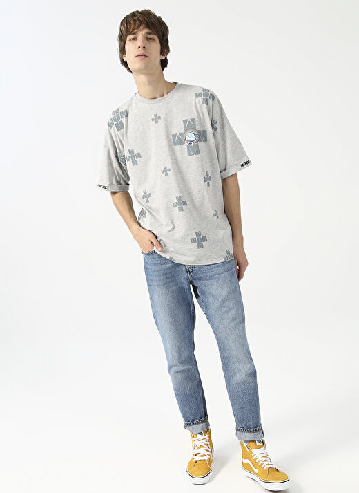 Fluffy Bisiklet Yaka Oversize Gri Erkek T-Shirt FLUFFY-E-3 3