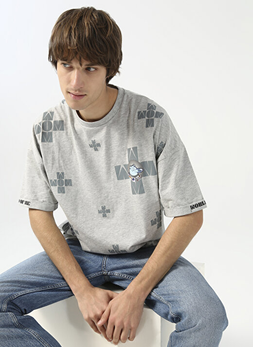 Fluffy Bisiklet Yaka Oversize Gri Erkek T-Shirt FLUFFY-E-3 4