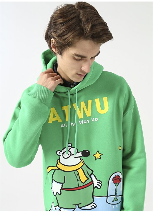 Fluffy Kapüşonlu Oversize Baskılı Yeşil Erkek Şardonlu Sweatshirt FLUFFY-E-9 1
