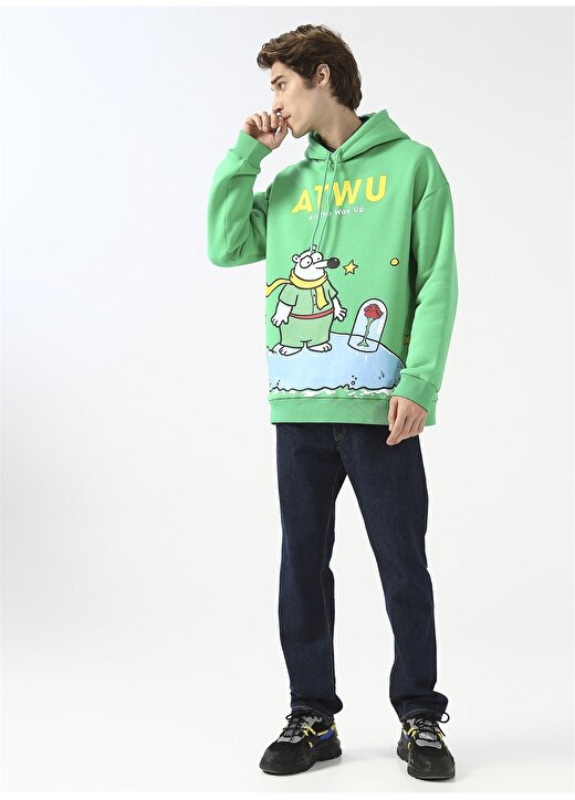 Fluffy Kapüşonlu Oversize Baskılı Yeşil Erkek Şardonlu Sweatshirt FLUFFY-E-9 3
