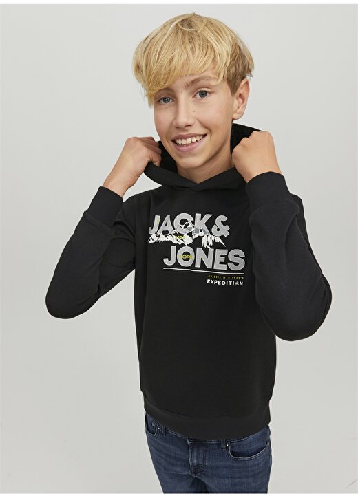 Jack & Jones Siyah Erkek Çocuk Kapüşonlu Uzun Kollu Baskılı Sweatshirt JCOHUNTER SWEAT HOOD JNR 2