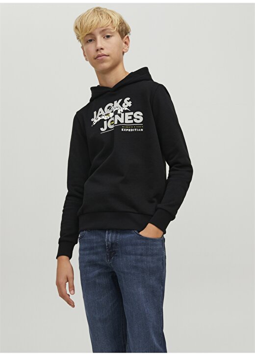 Jack & Jones Siyah Erkek Çocuk Kapüşonlu Uzun Kollu Baskılı Sweatshirt JCOHUNTER SWEAT HOOD JNR 3