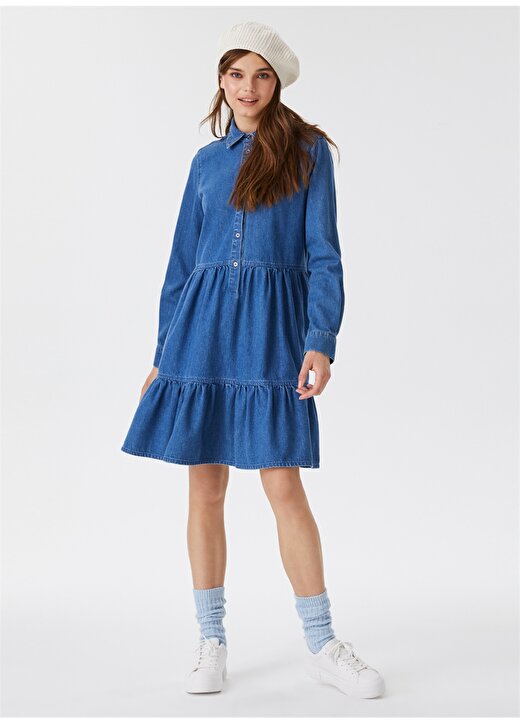 Lee Cooper Gömlek Yaka Düz Standart Koyu Mavi Kadın Elbise 231 LCF 144002 DIANE DENIM 1