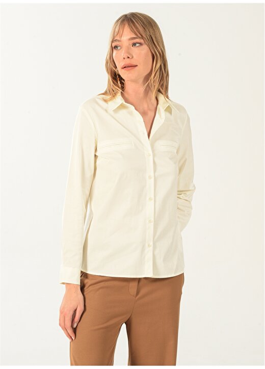 NGSTYLE Gömlek Yaka Düz Kırık Beyaz Kadın Bluz NGFGM-86 1