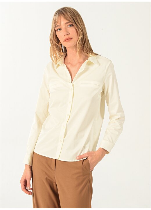NGSTYLE Gömlek Yaka Düz Kırık Beyaz Kadın Bluz NGFGM-86 2