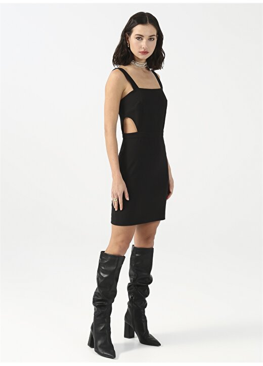 Fabrika Kare Yaka Düz Mini Siyah Kadın Elbise CHR-11 3