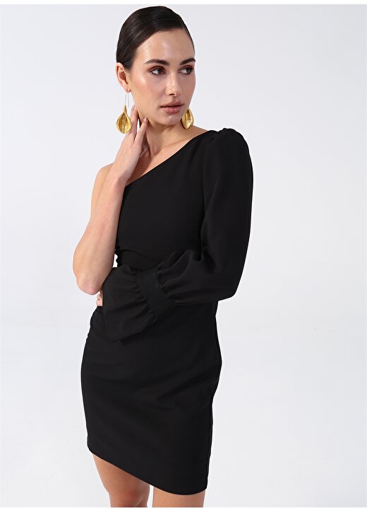 Fabrika Siyah Kadın Mini Dar Tek Omuz Elbise CHR-19 4