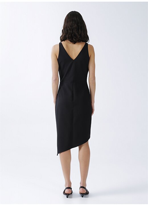 Fabrika V Yaka Düz Diz Üstü Siyah Kadın Elbise YMN-13 4