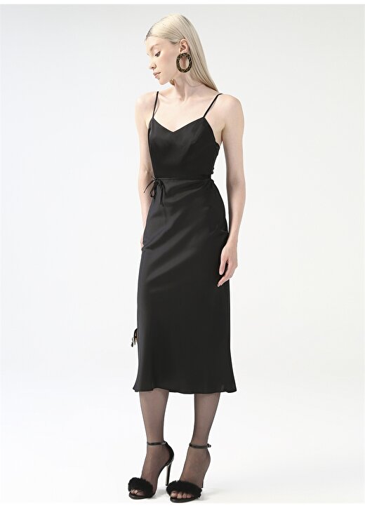 Fabrika V Yaka Düz Siyah Midi Kadın Elbise CHR-1 3