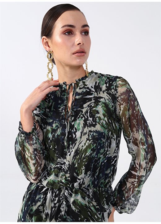 Fabrika Hakim Yaka Desenli Yeşil - Çok Renkli Midi Kadın Elbise YMN-32 3