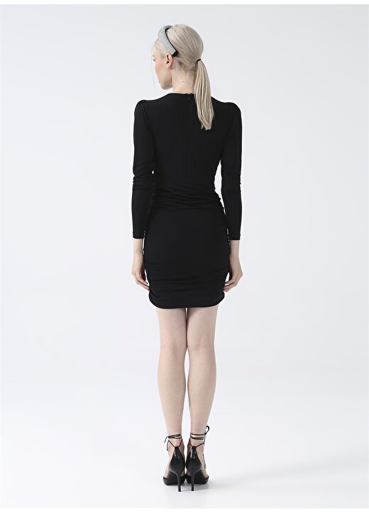 Fabrika V Yaka Düz Mini Siyah Kadın Elbise CHR-6 4