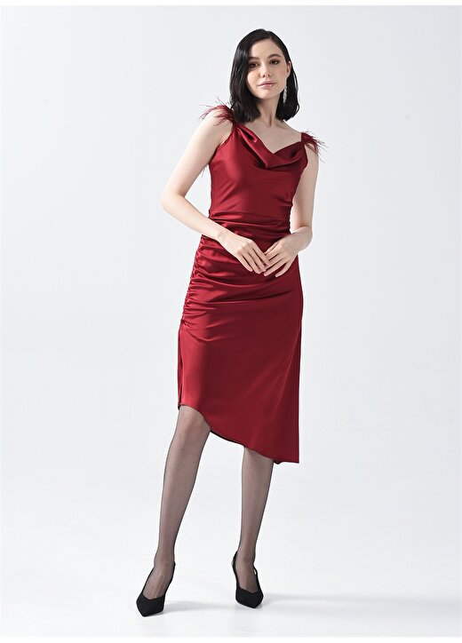 Pierre Cardin Degaje Yaka Kırmızı Diz Altı Kadın Büzgülü Saten Elbise LALIB 1