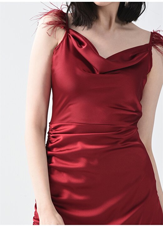 Pierre Cardin Degaje Yaka Kırmızı Diz Altı Kadın Büzgülü Saten Elbise LALIB 3
